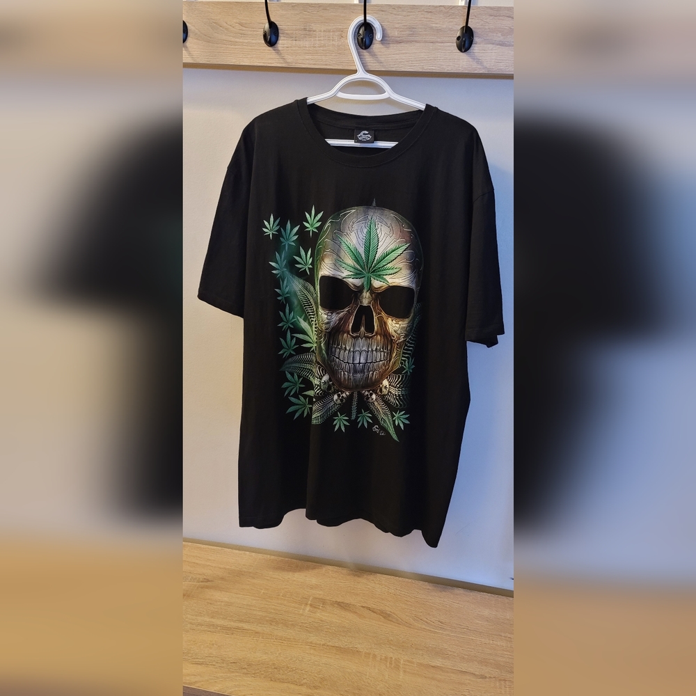 Caballo Men's Green Magic Leaf Marijuana Skull Short Sleeve Shirt Size XXL